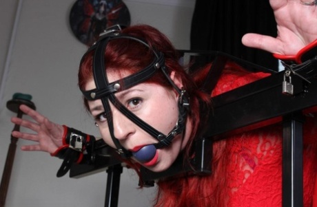 Redheaded chick receives a flogging while ball gagged in stocks